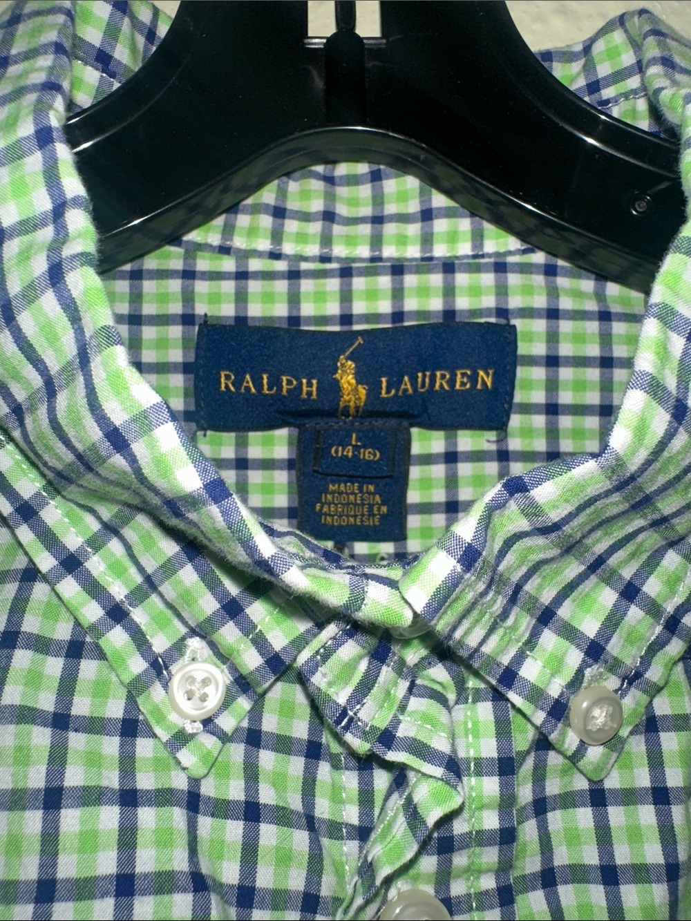 Ralph Lauren Light Green and Navy Check Button-Down Shirt EUC - Picture 2 of 5